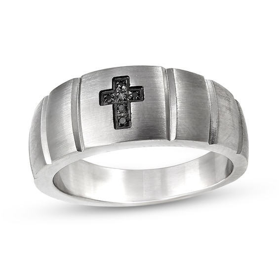 Black Diamond Accent Groove Cross Ring in Stainless Steel
