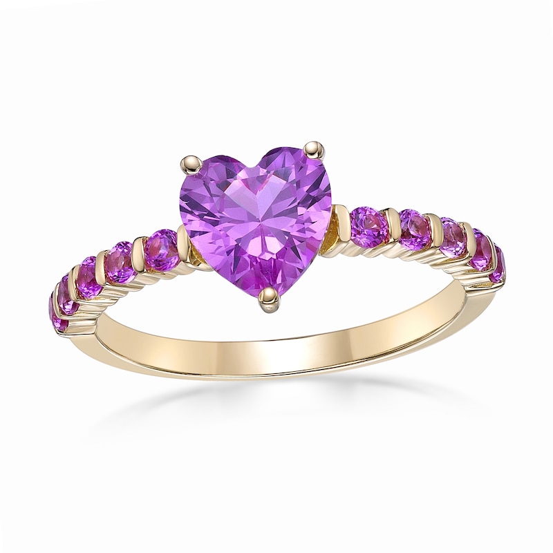 Main Image 1 of 7.0mm Heart-Shaped and Round Pink Lab-Created Sapphire Ring in Sterling Silver with 14K Gold Plate