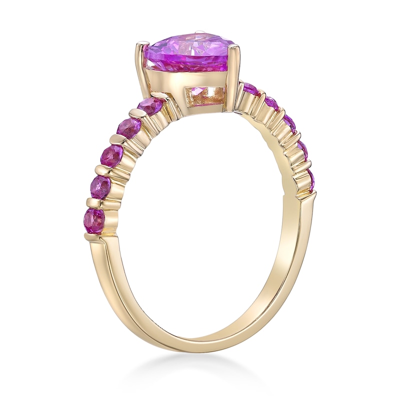 Main Image 2 of 7.0mm Heart-Shaped and Round Pink Lab-Created Sapphire Ring in Sterling Silver with 14K Gold Plate