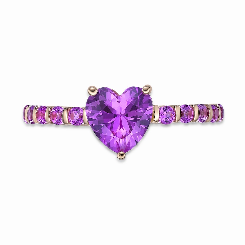 Main Image 3 of 7.0mm Heart-Shaped and Round Pink Lab-Created Sapphire Ring in Sterling Silver with 14K Gold Plate