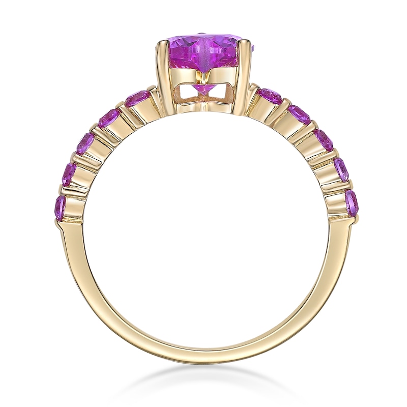 Main Image 4 of 7.0mm Heart-Shaped and Round Pink Lab-Created Sapphire Ring in Sterling Silver with 14K Gold Plate
