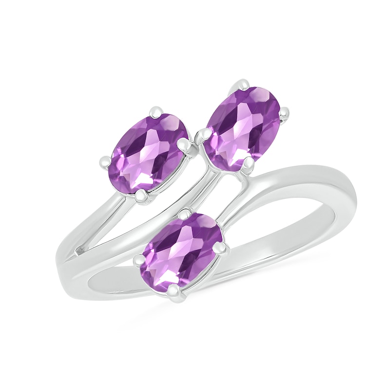 Main Image 1 of Oval Lab-Created Birthstone Bypass Open Shank Ring in Sterling Silver (3 Stones)