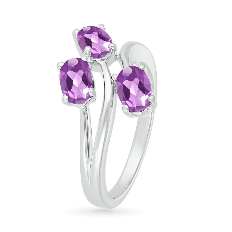 Main Image 2 of Oval Lab-Created Birthstone Bypass Open Shank Ring in Sterling Silver (3 Stones)