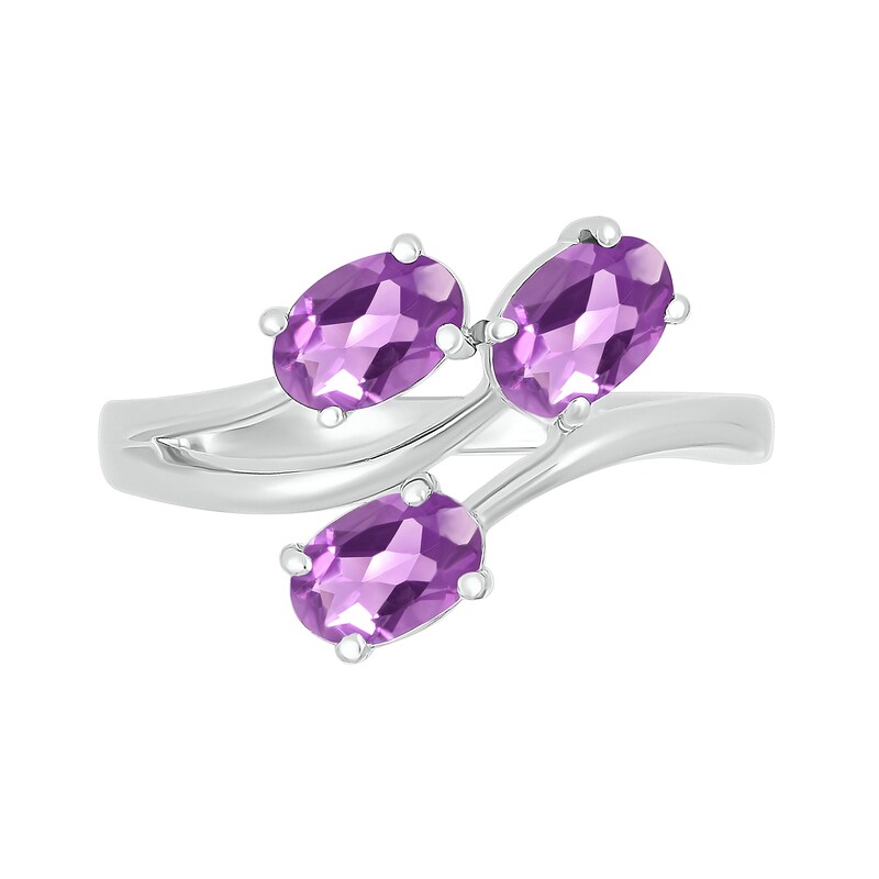 Main Image 4 of Oval Lab-Created Birthstone Bypass Open Shank Ring in Sterling Silver (3 Stones)