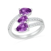 Thumbnail Image 1 of Pear-Shaped Lab-Created Birthstone and White Lab-Created Sapphire Bypass Open Shank Ring in Sterling Silver (3 Stones)