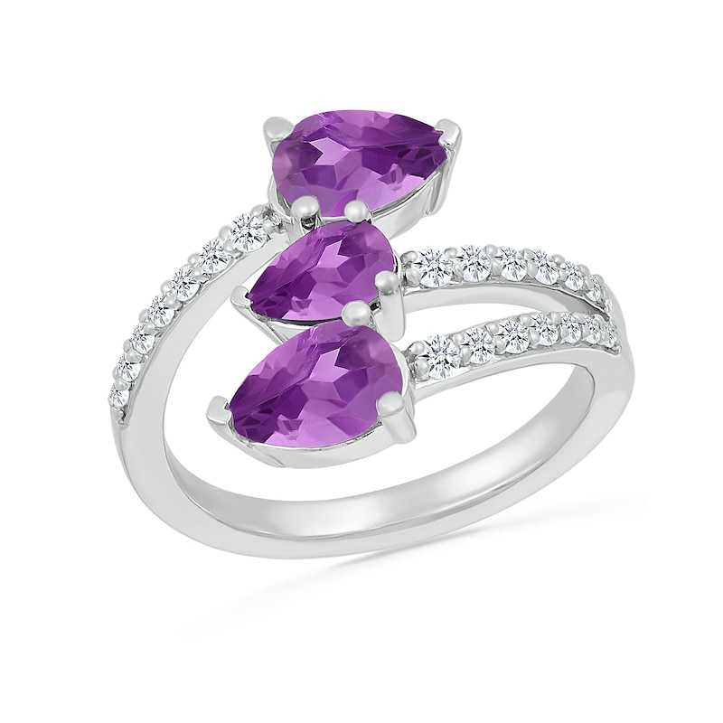 Main Image 1 of Pear-Shaped Lab-Created Birthstone and White Lab-Created Sapphire Bypass Open Shank Ring in Sterling Silver (3 Stones)