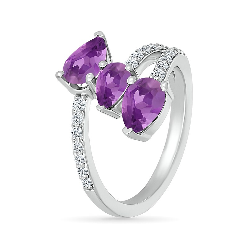 Main Image 2 of Pear-Shaped Lab-Created Birthstone and White Lab-Created Sapphire Bypass Open Shank Ring in Sterling Silver (3 Stones)