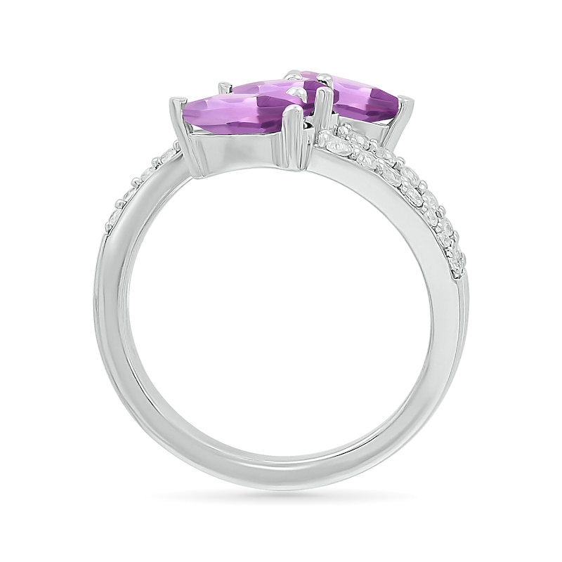 Main Image 3 of Pear-Shaped Lab-Created Birthstone and White Lab-Created Sapphire Bypass Open Shank Ring in Sterling Silver (3 Stones)