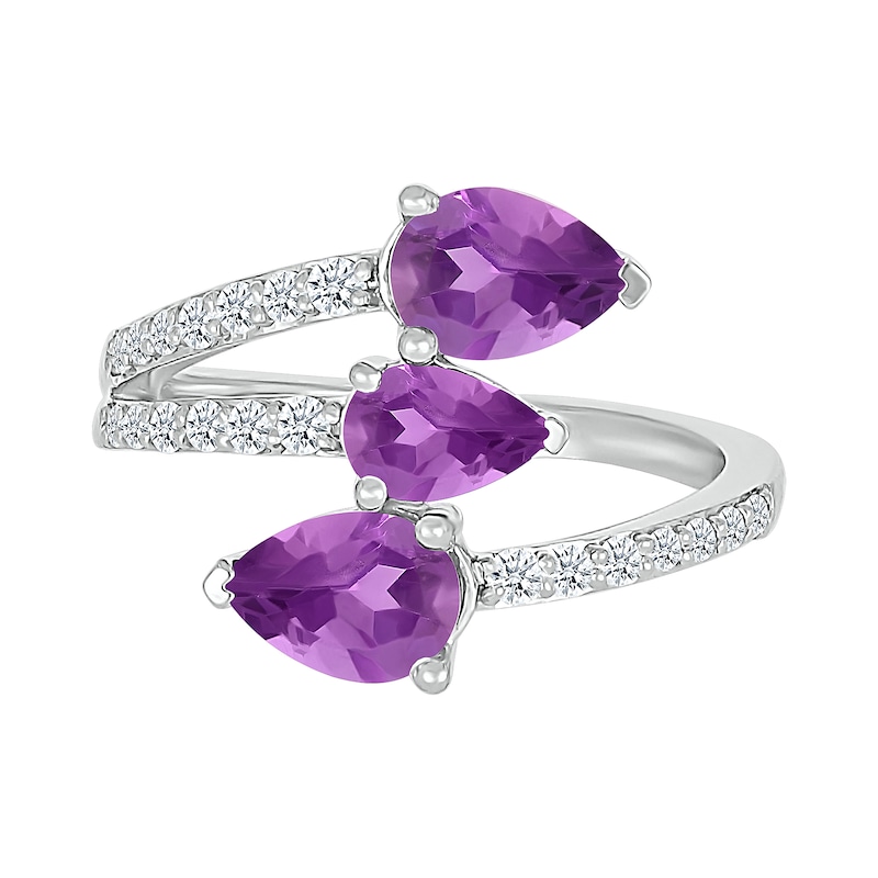 Main Image 4 of Pear-Shaped Lab-Created Birthstone and White Lab-Created Sapphire Bypass Open Shank Ring in Sterling Silver (3 Stones)