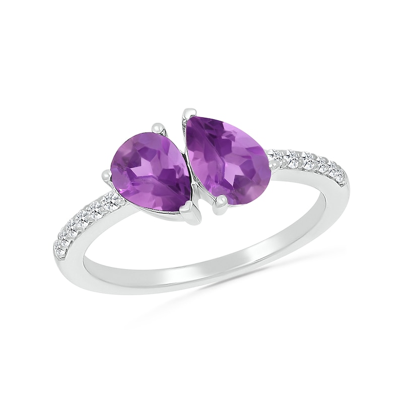 Main Image 1 of Pear-Shaped Lab-Created Birthstone and White Lab-Created Sapphire Toi et Moi Ring in Sterling Silver (2 Stones)