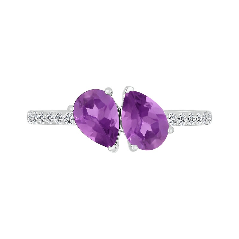 Main Image 4 of Pear-Shaped Lab-Created Birthstone and White Lab-Created Sapphire Toi et Moi Ring in Sterling Silver (2 Stones)