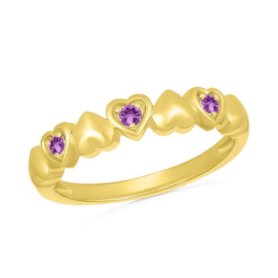 Lab-Created Birthstone Alternating Heart Ring in 10K Gold (3 Stones)
