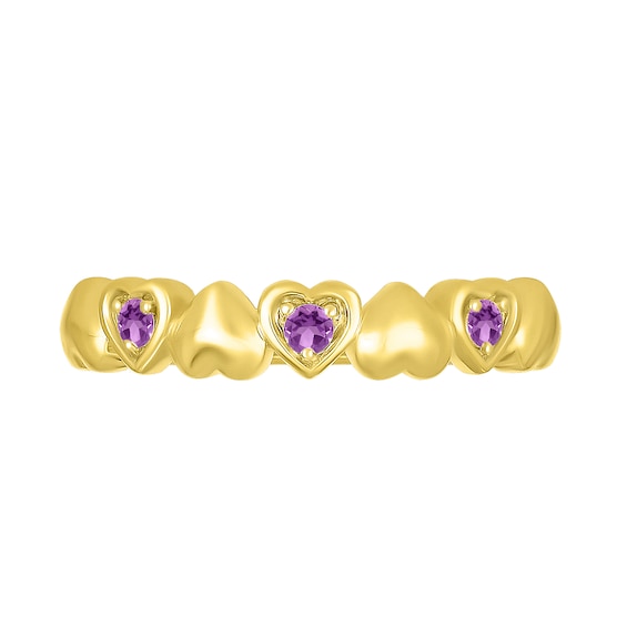 Lab-Created Birthstone Alternating Heart Ring in 10K Gold (3 Stones)