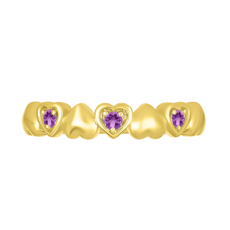 Main Image 4 of Lab-Created Birthstone Alternating Heart Ring in 10K Gold (3 Stones)