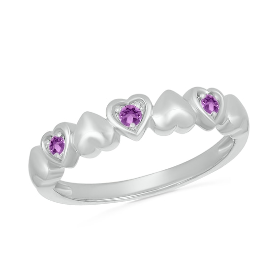 Lab-Created Birthstone Alternating Heart Ring in Sterling Silver (3 Stones)