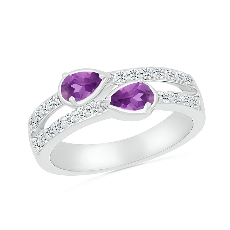 Main Image 1 of Pear-Shaped Lab-Created Birthstone and White Lab-Created Sapphire Double Open Shank Ring in Sterling Silver (2 Stones)