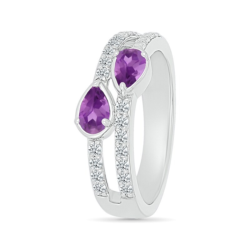 Main Image 2 of Pear-Shaped Lab-Created Birthstone and White Lab-Created Sapphire Double Open Shank Ring in Sterling Silver (2 Stones)