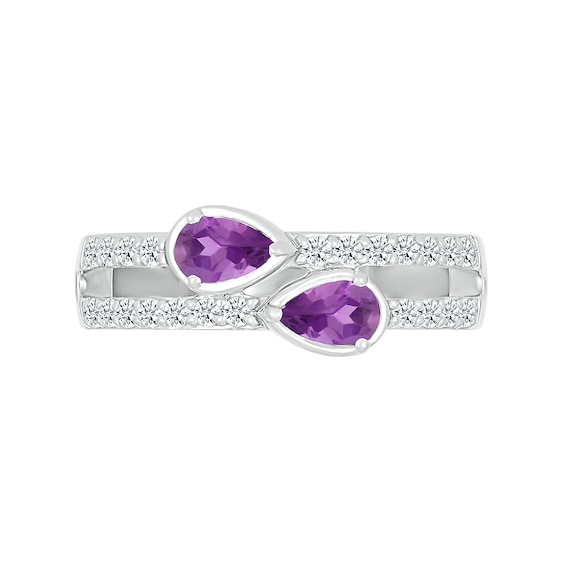 Pear-Shaped Lab-Created Birthstone and White Lab-Created Sapphire Double Open Shank Ring in Sterling Silver (2 Stones)