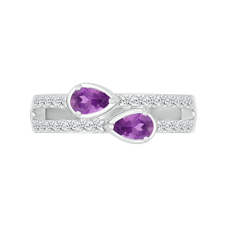 Main Image 4 of Pear-Shaped Lab-Created Birthstone and White Lab-Created Sapphire Double Open Shank Ring in Sterling Silver (2 Stones)