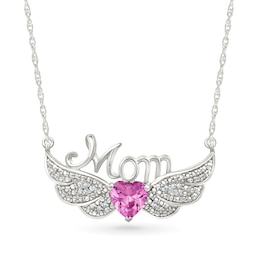 6.0mm Heart-Shaped Pink Lab-Created Sapphire and 1/20 CT. T.W. Diamond "Mom" Angel Wings Necklace in Sterling Silver