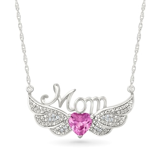 6.0mm Heart-Shaped Pink Lab-Created Sapphire and 1/20 CT. T.W. Diamond "Mom" Angel Wings Necklace in Sterling Silver