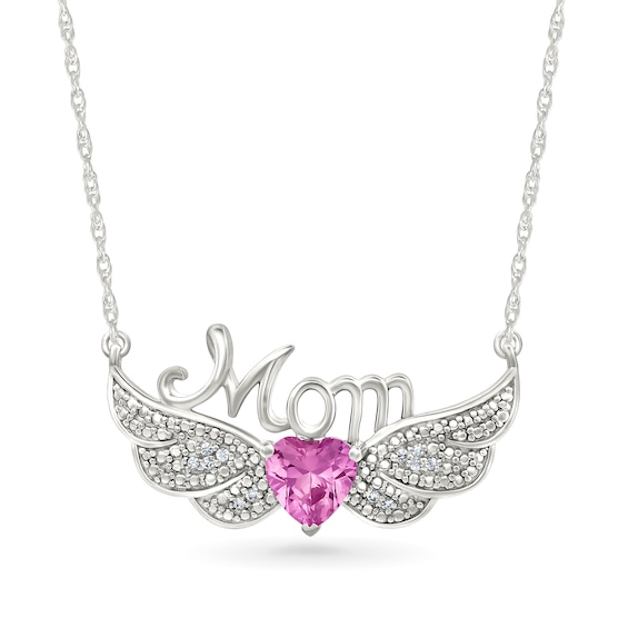 6.0mm Heart-Shaped Pink Lab-Created Sapphire and 1/20 CT. T.w. Diamond Mom Angel Wings Necklace in Sterling Silver