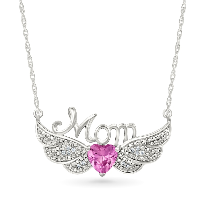 Main Image 1 of 6.0mm Heart-Shaped Pink Lab-Created Sapphire and 1/20 CT. T.W. Diamond "Mom" Angel Wings Necklace in Sterling Silver