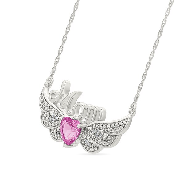 6.0mm Heart-Shaped Pink Lab-Created Sapphire and 1/20 CT. T.w. Diamond Mom Angel Wings Necklace in Sterling Silver