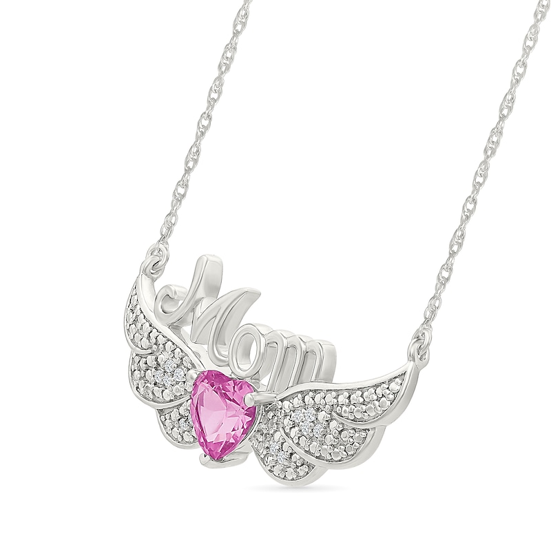 Main Image 2 of 6.0mm Heart-Shaped Pink Lab-Created Sapphire and 1/20 CT. T.W. Diamond "Mom" Angel Wings Necklace in Sterling Silver