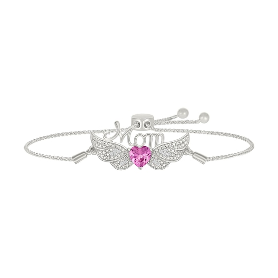 Heart-Shaped Pink Lab-Created Sapphire and 1/20 CT. T.w. Diamond Mom Angel Wings Bolo Bracelet in Sterling Silver