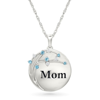 Swiss Blue Topaz and 1/20 CT. T.W. Diamond "Mom" Family Tree Disc Pendant in Sterling Silver