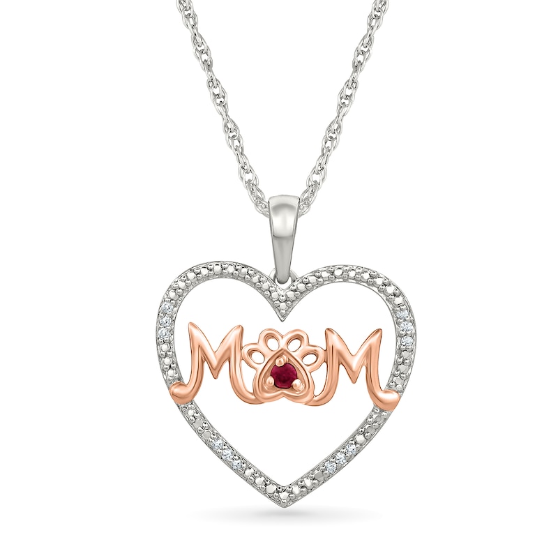 Main Image 1 of Lab-Created Ruby and 1/20 CT. T.W. Diamond "MOM" with Paw Print Heart Pendant in Sterling Silver and 10K Rose Gold