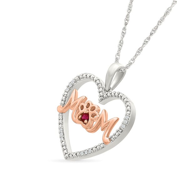 Lab-Created Ruby and 1/20 CT. T.w. Diamond Mom with Paw Print Heart Pendant in Sterling Silver and 10K Rose Gold