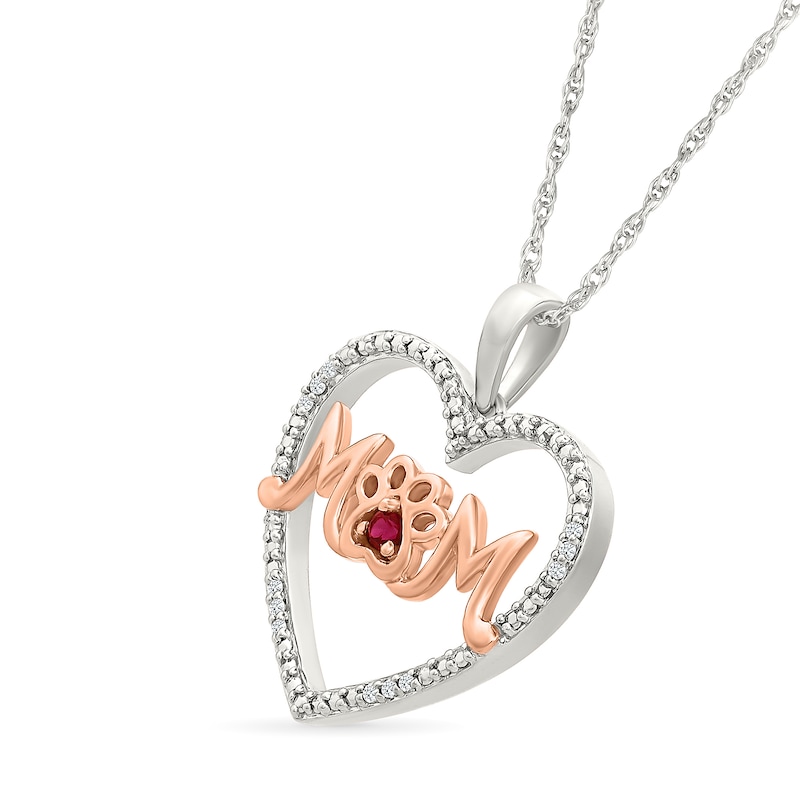Main Image 2 of Lab-Created Ruby and 1/20 CT. T.W. Diamond "MOM" with Paw Print Heart Pendant in Sterling Silver and 10K Rose Gold