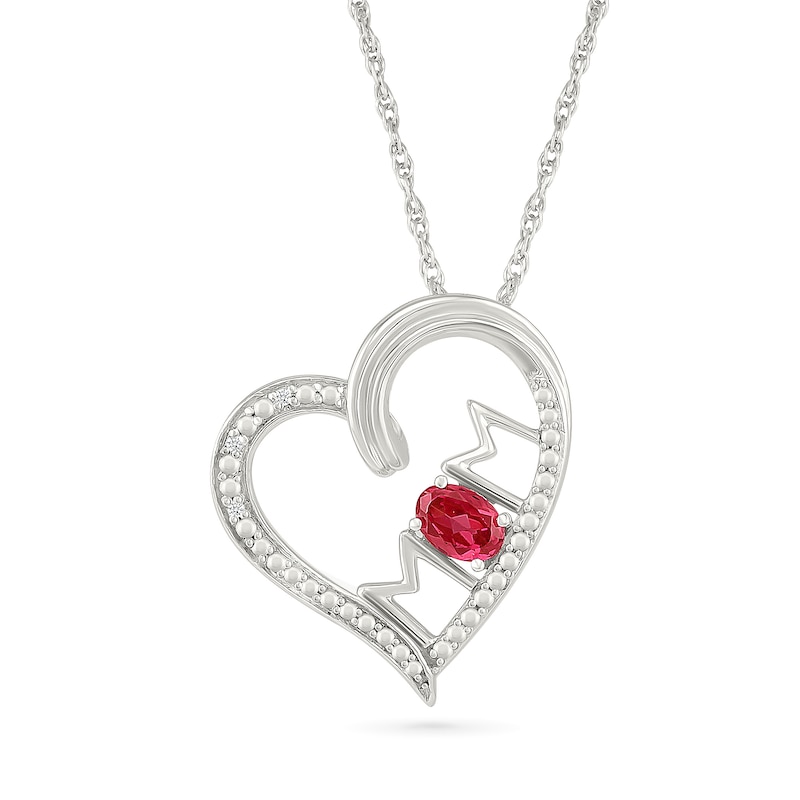 Main Image 1 of Oval Lab-Created Ruby and Diamond Accent "MOM" Tilted Heart Pendant in Sterling Silver