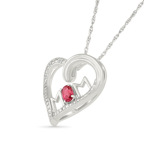 Oval Lab-Created Ruby and Diamond Accent Mom Tilted Heart Pendant in Sterling Silver