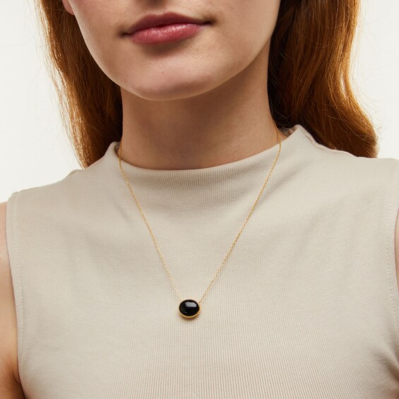 Sideways Oval Onyx Solitaire Necklace in Sterling Silver with 18K Gold Plate