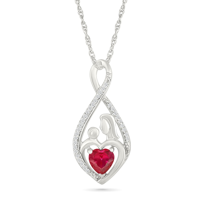 Main Image 1 of 5.0mm Heart-Shaped Lab-Created Ruby and 1/10 CT. T.W. Diamond Infinity Motherly Love Pendant in Sterling Silver