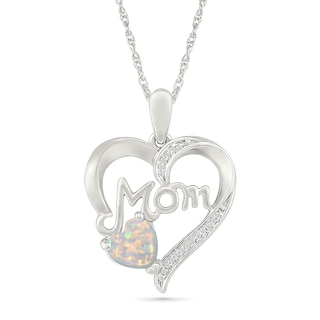 6.0mm Heart-Shaped Lab-Created Opal and Diamond Accent "Mom" Heart Pendant in Sterling Silver