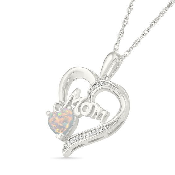 6.0mm Heart-Shaped Lab-Created Opal and Diamond Accent Mom Heart Pendant in Sterling Silver