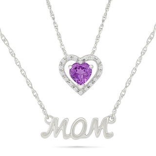 5.0mm Heart-Shaped Amethyst and 1/20 CT. T.W. Diamond "MOM" Double Strand Necklace in Sterling Silver