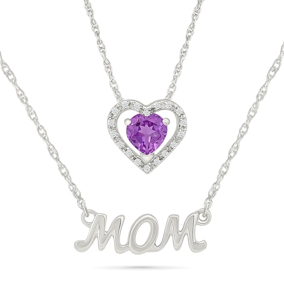 5.0mm Heart-Shaped Amethyst and 1/20 CT. T.w. Diamond Mom Double Strand Necklace in Sterling Silver