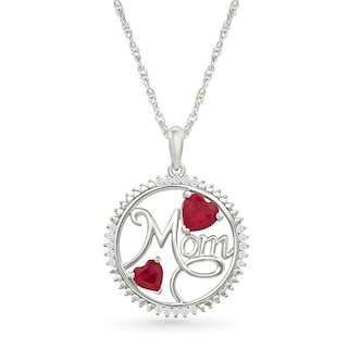 Heart-Shaped Lab-Created Ruby and 1/10 CT. T.W. Diamond "Mom" Open Circle Pendant in Sterling Silver