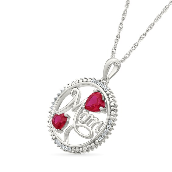 Heart-Shaped Lab-Created Ruby and 1/10 CT. T.w. Diamond Mom Open Circle Pendant in Sterling Silver