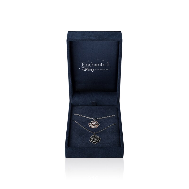 Main Image 1 of Enchanted Disney Lab-Created Sapphire, Onyx and Diamond Rose Two Piece Pendant Set in Sterling Silver and 10K Rose Gold