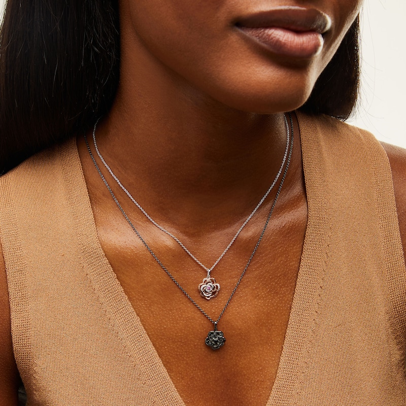 Main Image 2 of Enchanted Disney Lab-Created Sapphire, Onyx and Diamond Rose Two Piece Pendant Set in Sterling Silver and 10K Rose Gold