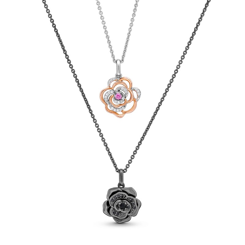 Main Image 3 of Enchanted Disney Lab-Created Sapphire, Onyx and Diamond Rose Two Piece Pendant Set in Sterling Silver and 10K Rose Gold