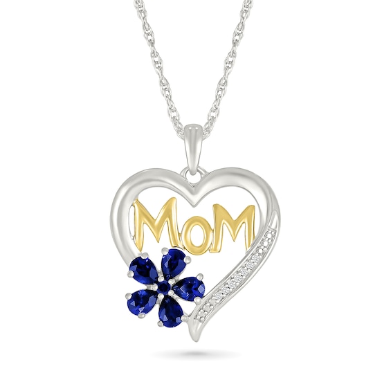Pear-Shaped Blue Lab-Created Sapphire and Diamond Accent Mom Heart Pendant in Sterling Silver and 10K Gold