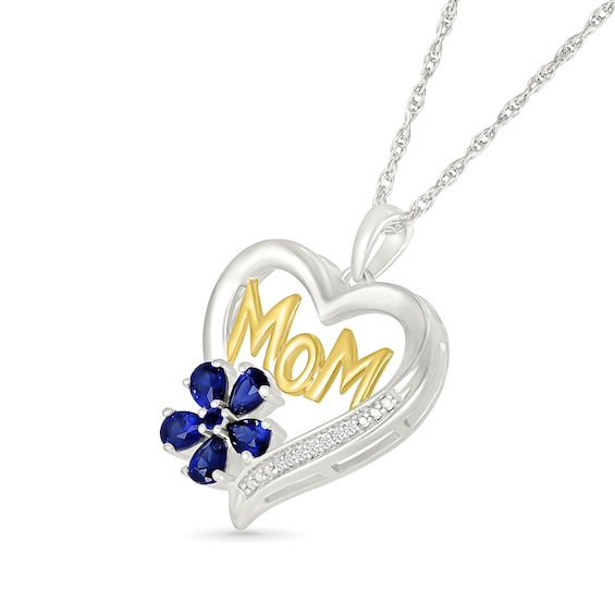 Pear-Shaped Blue Lab-Created Sapphire and Diamond Accent Mom Heart Pendant in Sterling Silver and 10K Gold