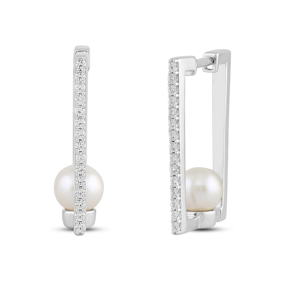 Freshwater Cultured Pearl and White Lab-Created Sapphire Rectangle Hoop Earrings in Sterling Silver